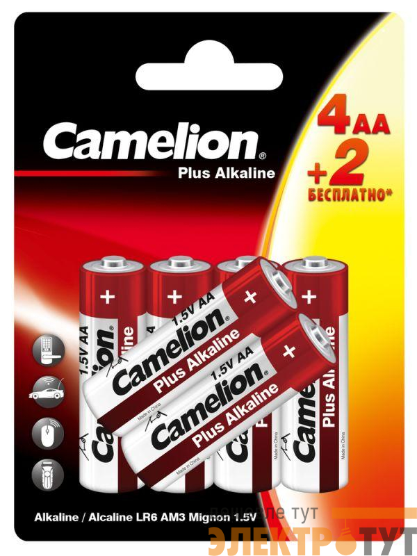 Элемент питания алкалиновый AA/LR6 1.5В Plus Alkaline 4+2LR6-BP 4+2 бесплатно промо (уп.6шт) Camelion 15308