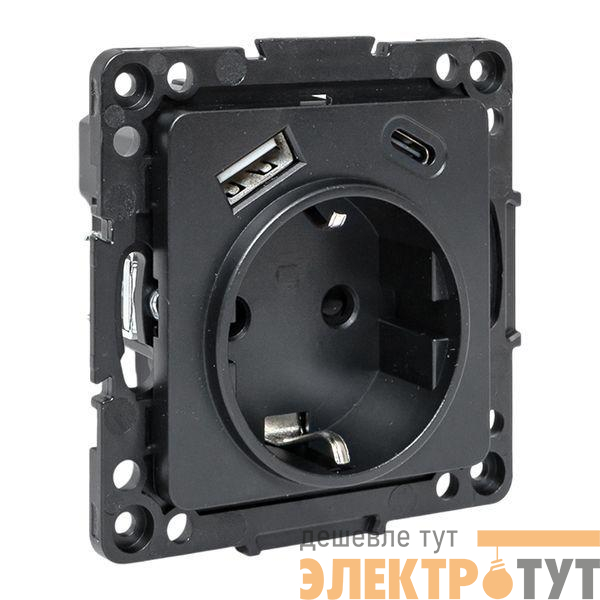 Розетка 1-м СП Стокгольм 16А USB A+C с заземл. защ. шторки винтов. клеммы механизм черн. EKF EZR16-2USB-typeA-typeC