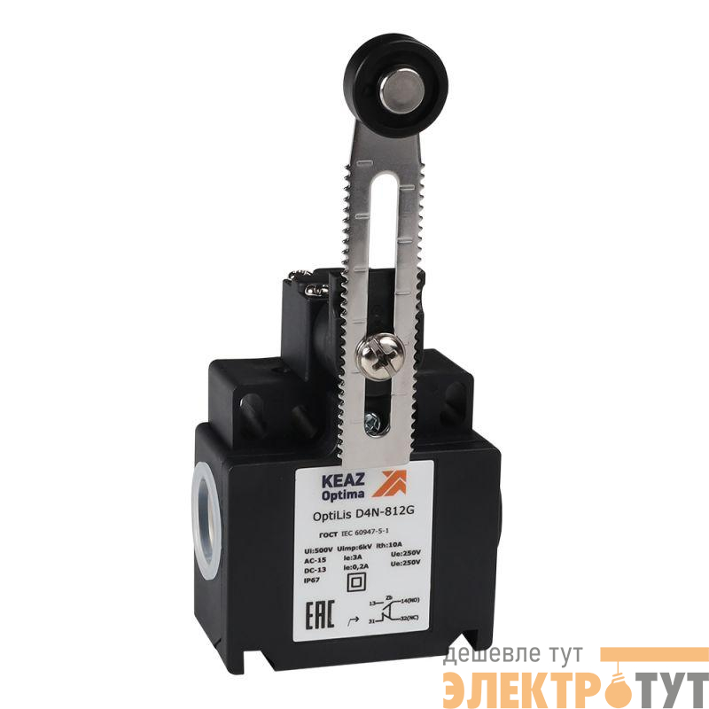 Выключатель концевой OptiLiS D4N-812G рычаг регулируемый с роликом пластик. EN 50047 XCKT2145P16 КЭАЗ 365322