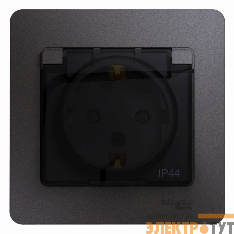 Розетка 1-м СП Glossa 16А IP44 250В с заземл. защ. шторки с крышкой в сборе графит SE GSL001348
