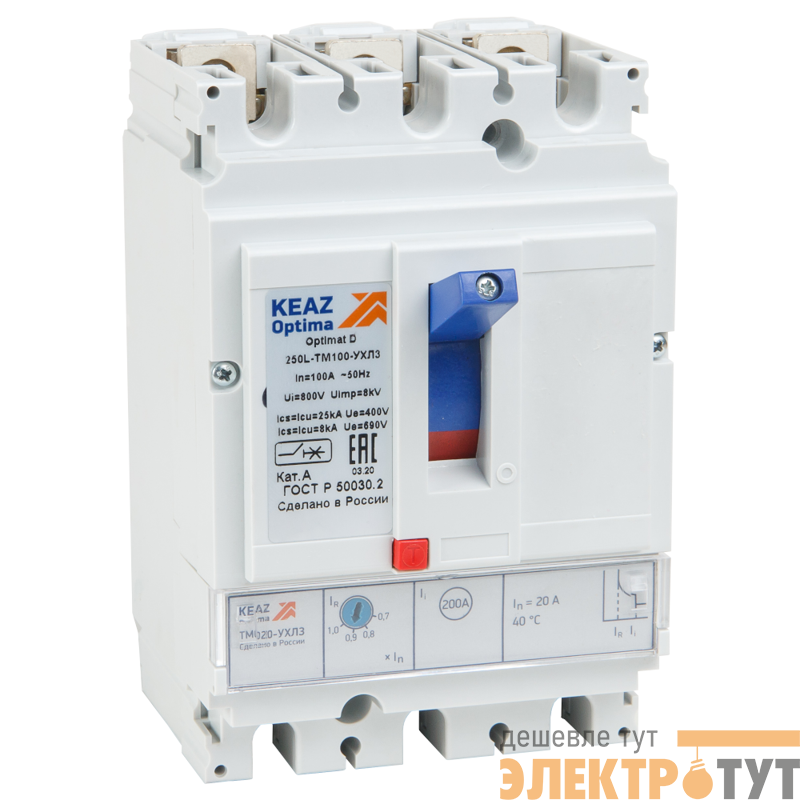 Выключатель автоматический 3п 100А диапазон уст. 100...250А 40кА OptiMat D250N-TM100-УХЛ3 КЭАЗ 291430