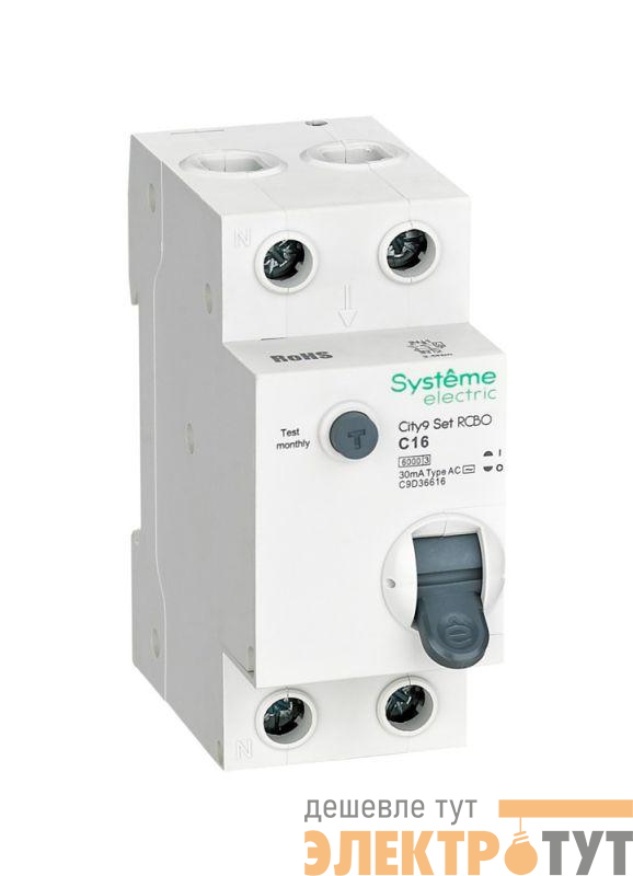 Выключатель автоматический диф. тока (АВДТ) 1P+N С 16А 6кА 30мА тип-AС 230В City9 Set SE C9D36616