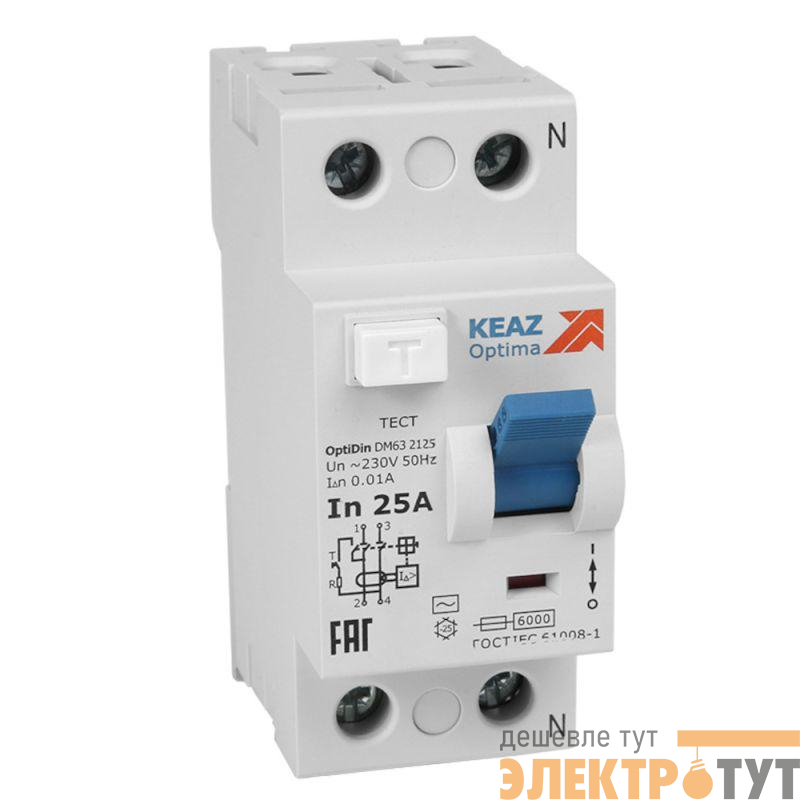 Выключатель дифференциального тока (УЗО) 2п 25А 30мА OptiDin DМ63-2225 AC УХЛ4 КЭАЗ 254166