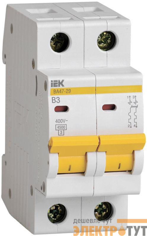 Выключатель автоматический модульный 2п B 3А 4.5кА ВА47-29 IEK MVA20-2-003-B