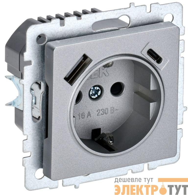 Розетка BRITE РЮш11-1-БрА 16А с USB A+C 18Вт с заземл. защ. шторки механизм алюм. IEK BR-R14-16-U22-018-K47