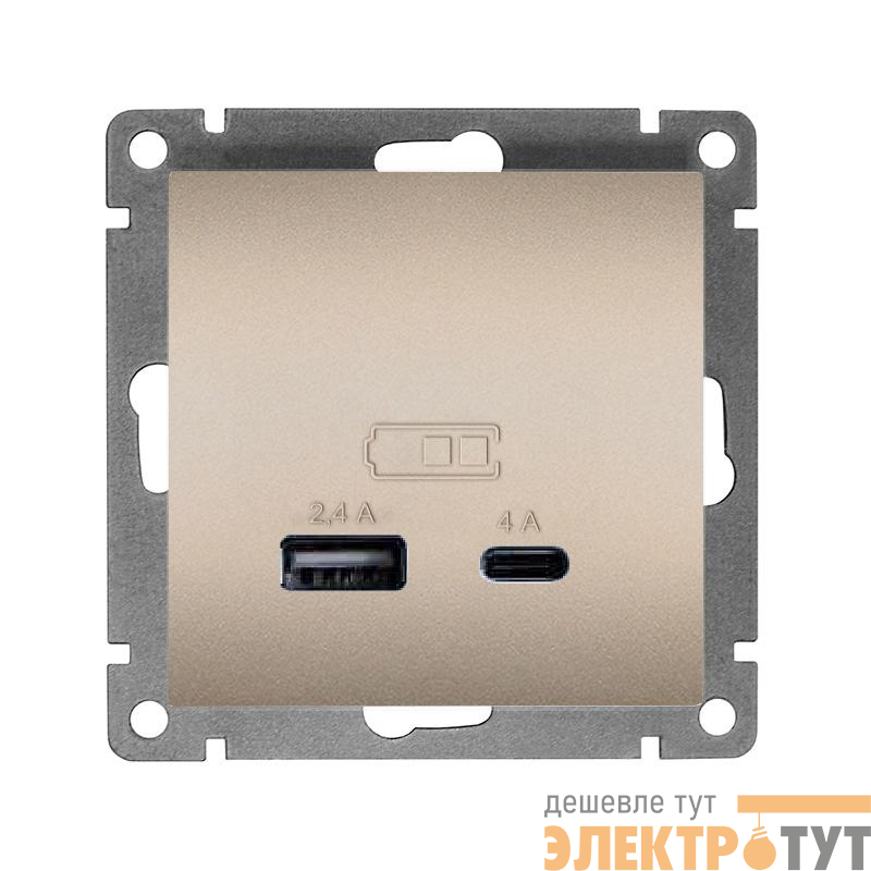 Розетка 2-м USB СП Афина тип А+С 5В 1х2.4А 2х4А механизм шампань Universal А0059-Br
