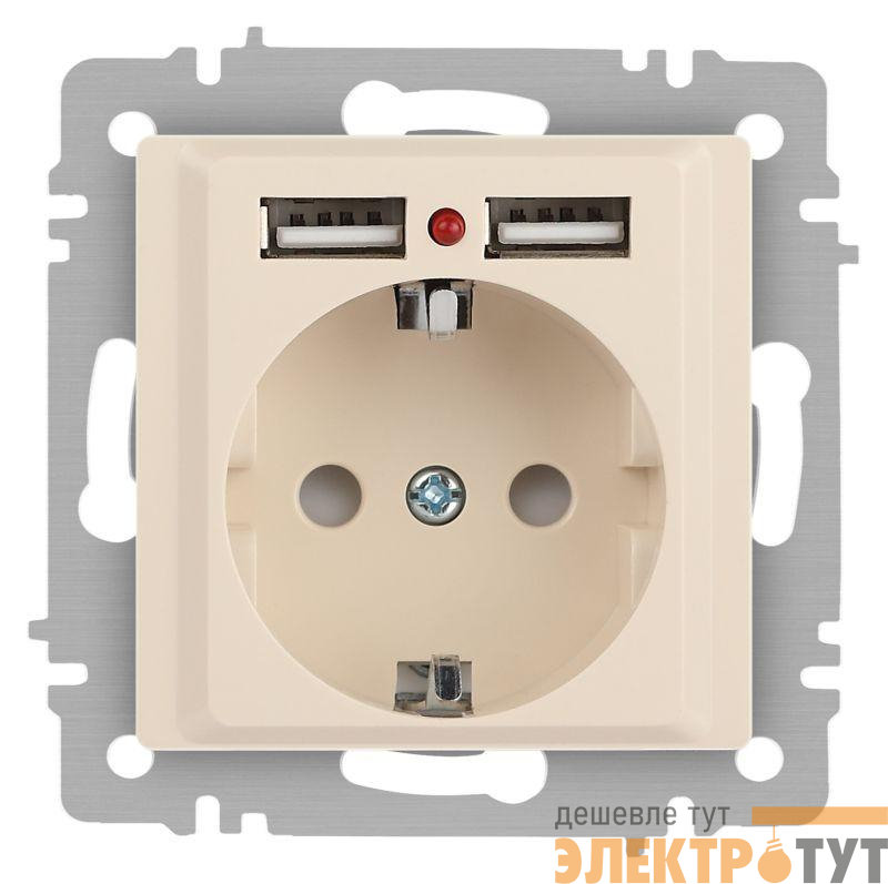 Розетка 1-м СП Accent 6-410-02 16А IP20 250В P+E Schuko + 2хUSB защ. шторки сл. кость Intro Б0063692