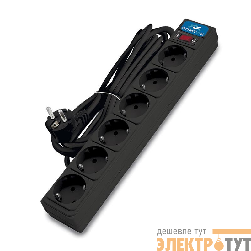 Удлинитель с сетевым фильтром 6х5м с заземл 10А IP20 2.2кВт ПВС 3х1 с выкл. черн. DOMTOK 2523