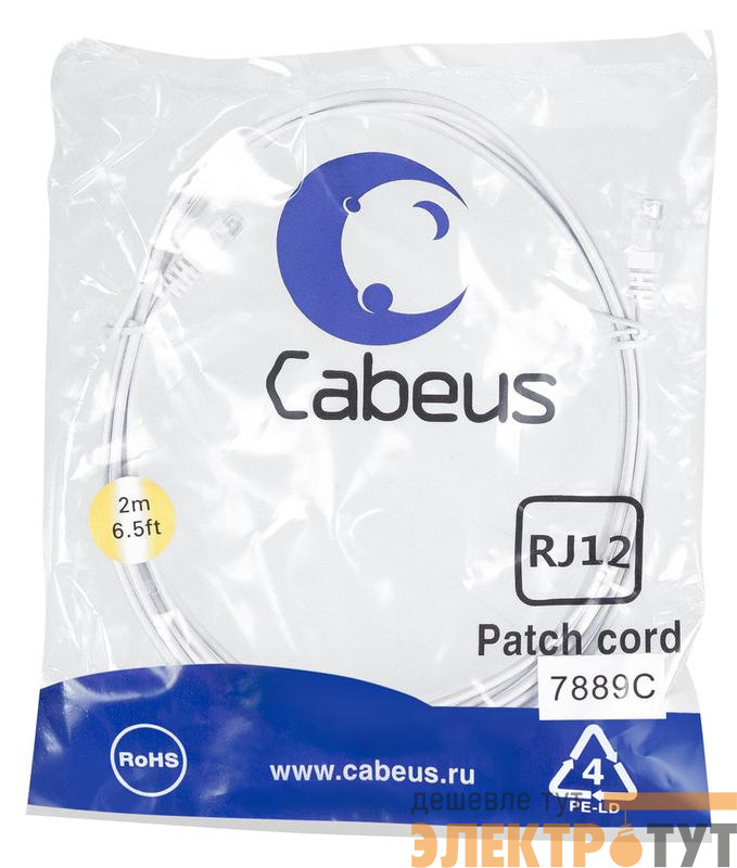 Патч-корд телефонный PC-TEL-RJ12-2m 2х6р4с PVC 2м бел. Cabeus 7889c