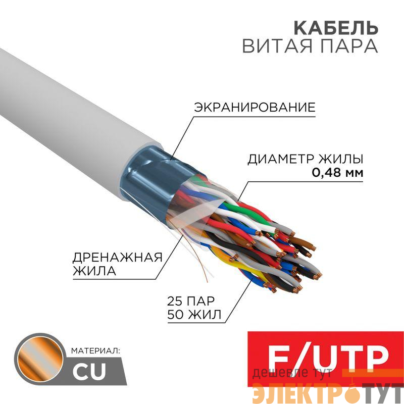 Кабель витая пара F/UTP кат.5e 25PR 24AWG LSZH нг(А)-HF INDOOR SOLID сер. (м) РФ Rexant 01-1206-R