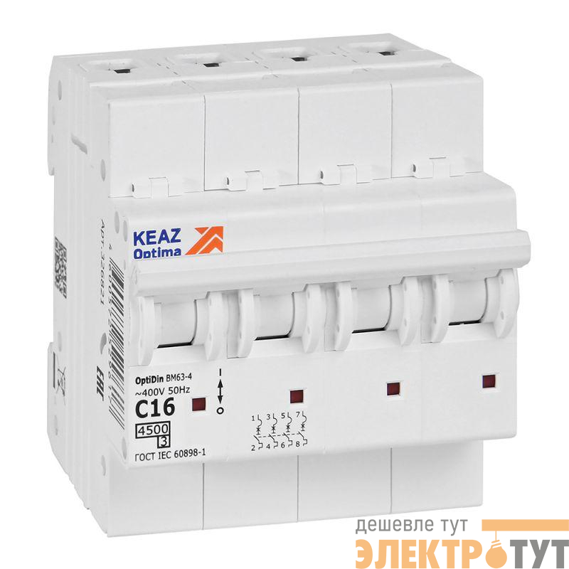 Выключатель автоматический модульный OptiDin BM63-4C16-4.5-УХЛ3 КЭАЗ 326821