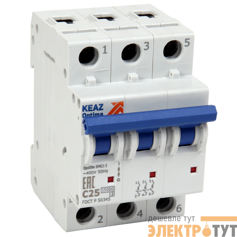 Выключатель автоматический модульный 3п B OptiDin ВМ63-3B2-15-УХЛ3 КЭАЗ 341938