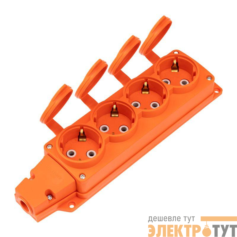 Колодка удлинителя 4-м с заземл. 16А IP54 влагозащ. с защ. крышкой COMPACT каучук оранж. Rexant 111-228