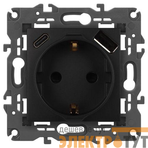 Розетка Elegance 14-4108-05 16A 250В 2P+E защ. шторки с USB type-A+C 3А 5В антрацит Эра Б0067724