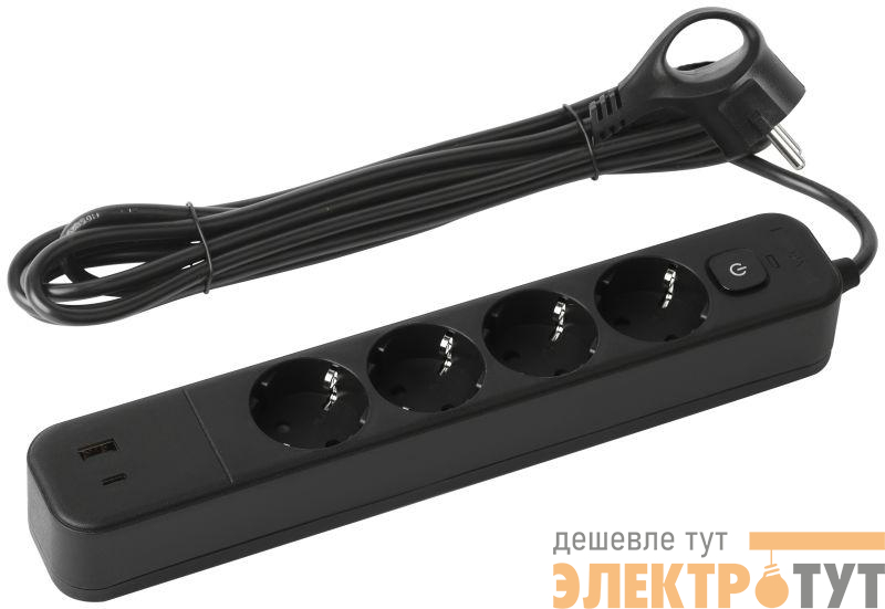 Удлинитель с сетевым фильтром 4х3м с заземл. 10А USF-4es-3m-2xUSBAC-B +2xUSBA+C 3.1A с выкл. с базов. защитой Эра Б0059574