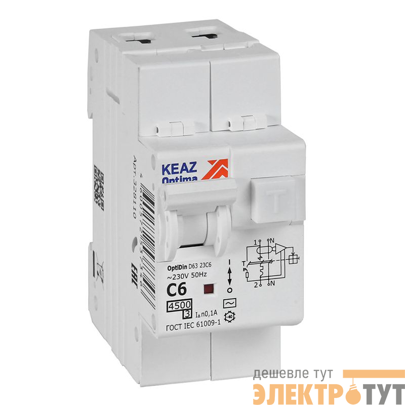Выключатель автоматический дифференциального тока 2п OptiDin D63-23C6-AC-У3 C6 100мА 4.5кА с защитой от сверхтоков КЭАЗ 328110