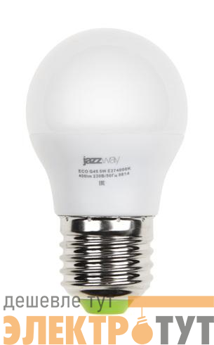 Лампа светодиодная PLED-ECO 5Вт G45 шар матовая 3000К тепл. бел. E27 400лм 230В 50Гц JazzWay 1036957A