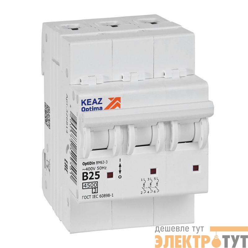 Выключатель автоматический модульный 3п B 25А 10кА OptiDin BM63-3B25-4.5-УХЛ3 КЭАЗ 329521