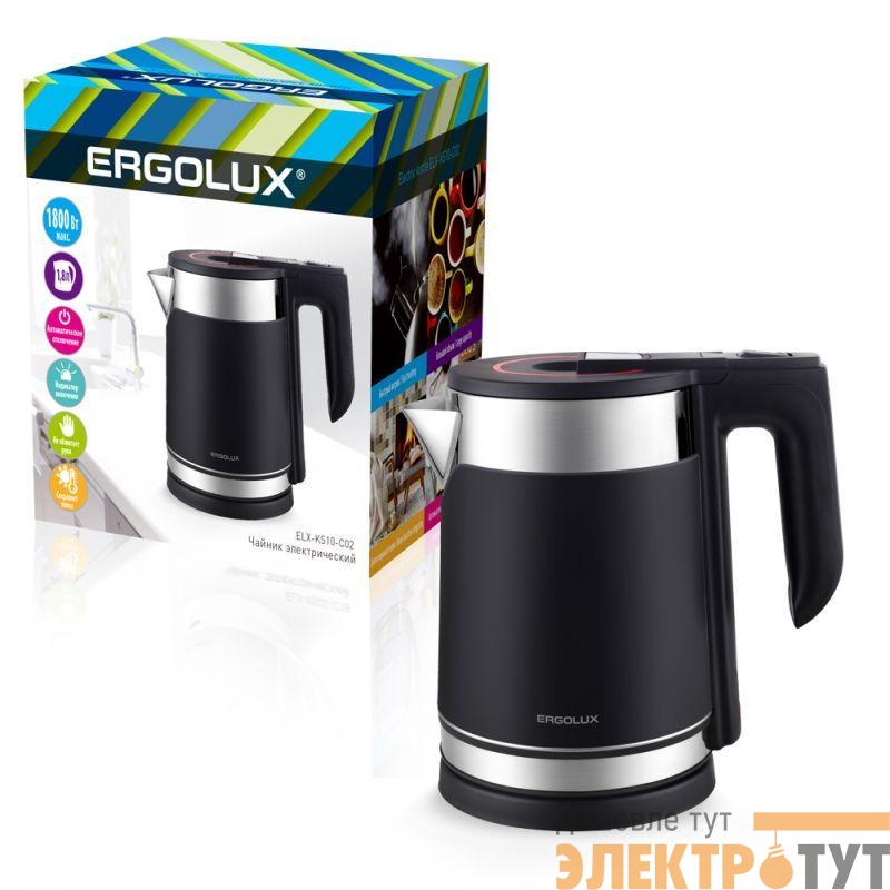 Чайник электрический ELX-KS10-C02 нерж. сталь/пластик 1.8л 220-240В 1800Вт черн. Ergolux 15328
