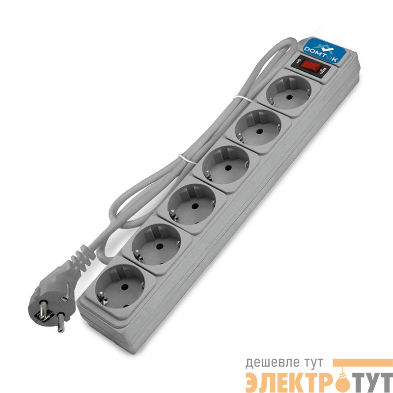 Удлинитель с сетевым фильтром 6х3м с заземл 10А IP20 2.2кВт ПВС 3х1 с выкл. сер. DOMTOK 2519