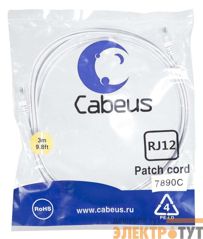 Патч-корд телефонный PC-TEL-RJ12-3m 2х6р4с PVC 3м бел. Cabeus 7890c