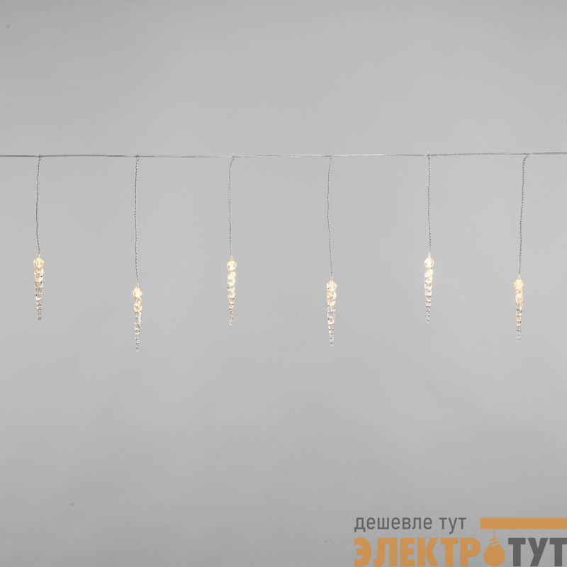 Гирлянда светодиодная "Айсикл" (бахрома) "Сосульки" 1.5х0.25м 10LED тепл. бел. 0.51Вт IP20 провод прозр. Neon-Night 303-067