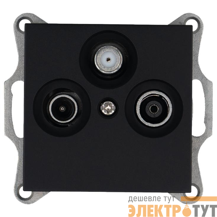 Розетка телевизионная проходная TV + FM + SAT 3-м Ф9.5мм механизм черн. матов. soft touch Jasmart G6207PB
