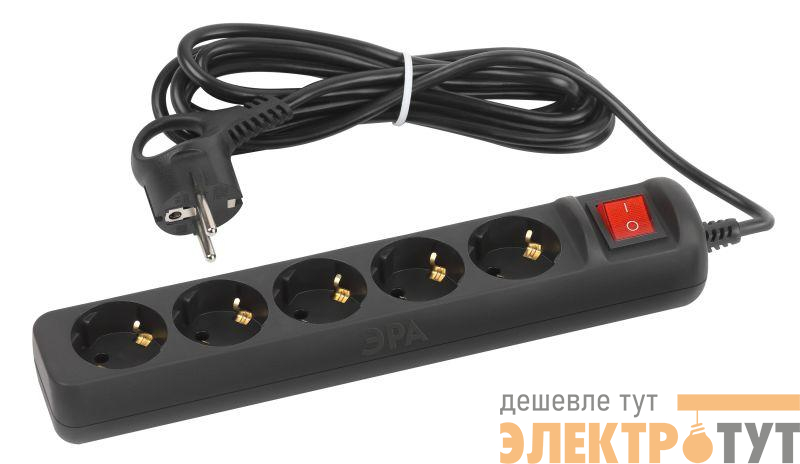 Удлинитель 5х3м с заземл. 10А с выкл. ПВС 3х0.75 черн. UX-5es-3m-B Эра Б0057731