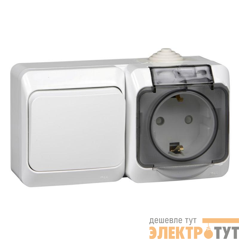 Блок ОП Этюд (1-м розетка 16А 250В евростандарт с заземл. защ. шторки + 1-кл. перекл.) IP44 бел. SE BPA16-246B