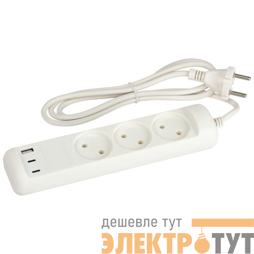 Удлинитель электрический U-3-1.5m-USB-W 3 розетки + 3xUSB A+C 1.5м 10А бел. Эра Б0069075