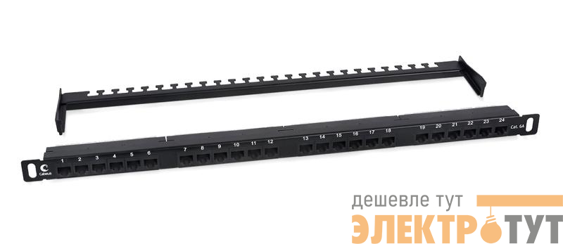 Патч-панель 19дюйм 0.5U 24 порта RJ45 кат.6A Dual IDC 180град. высокой плотности с задн. кабельн. организатором Cabeus 9665c