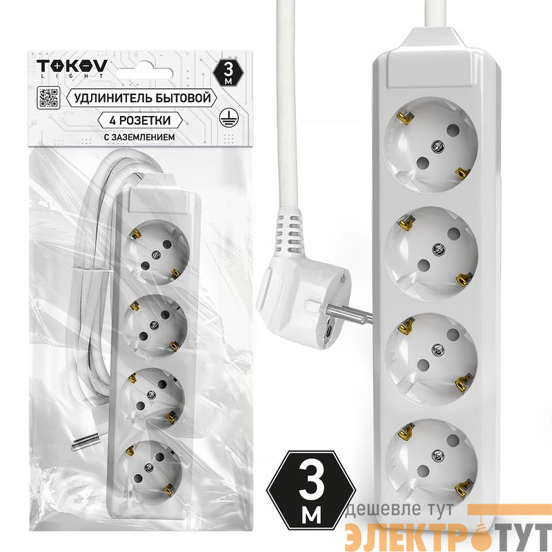 Удлинитель 4х3м с заземл. 10А 3х1.5 TOKOV LIGHT TKL-C01-BU4-3-1.5-Z