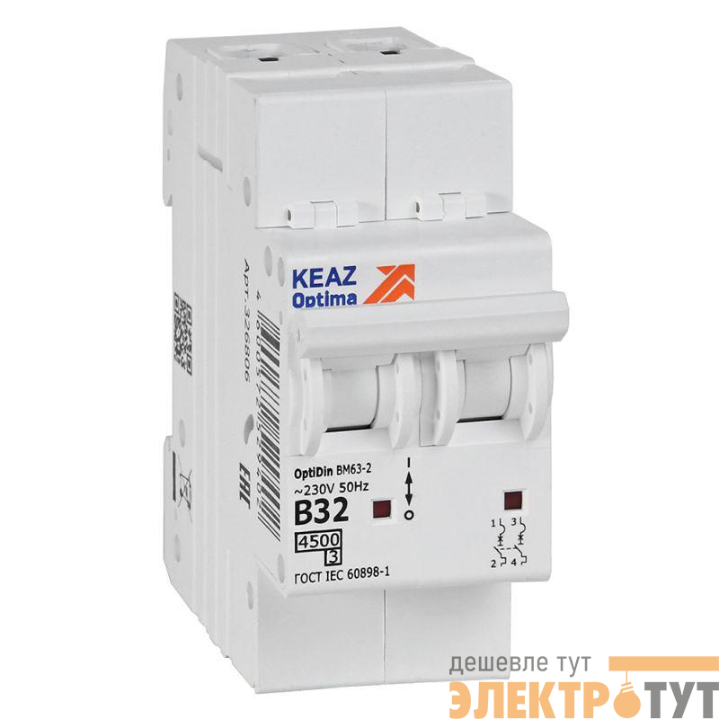 Выключатель автоматический модульный 2п B 32А 4.5кА OptiDin BM63-2B32-4.5-УХЛ3 КЭАЗ 329513