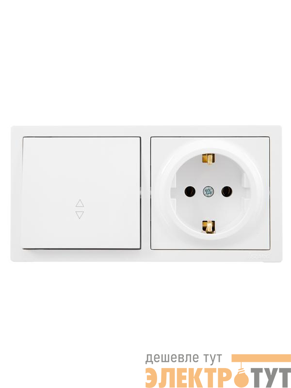 Блок ОП LETO (1-кл. выключатель проходной + 1-м розетка с заземл.) горизонт. бел. LEZARD 752-0200-170BVP