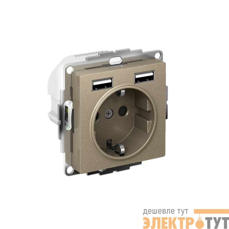 Розетка 1-м СП AtlasDesign 16А IP20 с 2-мя заряд. устройствами USB тип A+A 5В/2.4А 2х5В/1.2А механизм шампань SE ATN000530