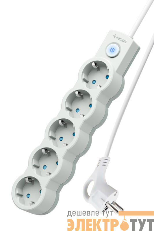 Удлинитель 5х1.5м с заземл. 10А IP20 2200Вт 220В защ. шторки ПВС 3х1 с выкл. бел. КОСМОС YKsm1.5m-5g-Z-V10A-W