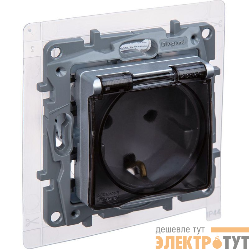 Розетка 1-м СП Etika 16А IP44 250В с заземл. со шторками с защ. крышкой безвинтов. клеммы механизм алюм. IEK 672426