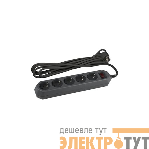 Удлинитель с сетевым фильтром 5х5м с заземл. 10А IP20 USF-5es-5m-B ПВС 3х0.75 с выкл. черн. Эра Б0019737