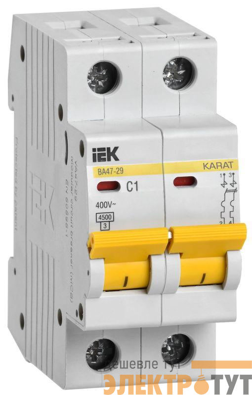 Выключатель автоматический модульный 2п B 1А 4.5кА ВА47-29 KARAT IEK MVA20-2-001-B