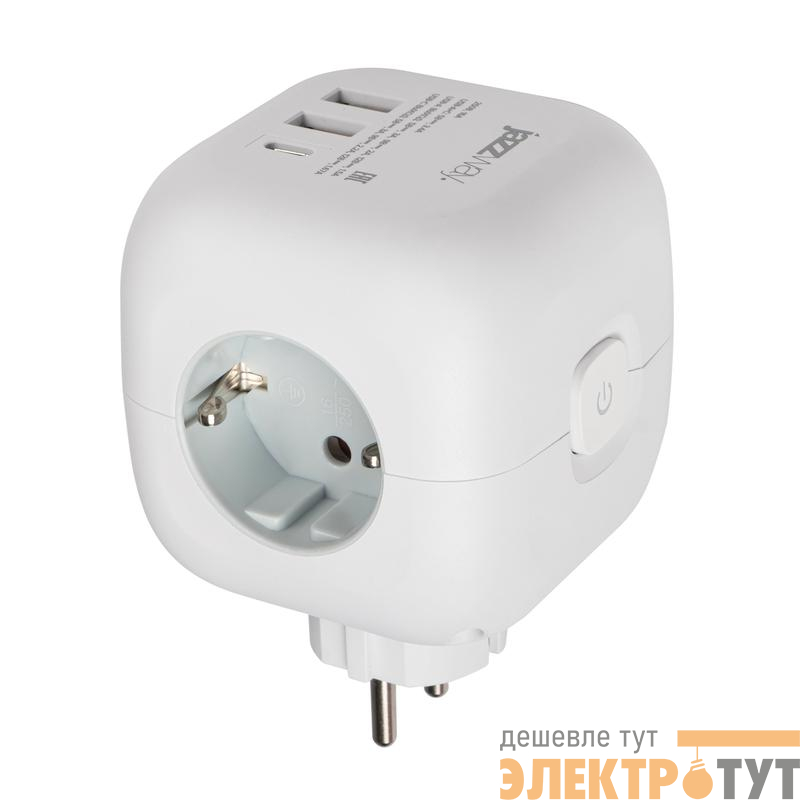 Разветвитель 3-м с заземл. 2хUSB type-A + 1х type-C AC-3UGS-wh с выкл. бел. JazzWay 5060630