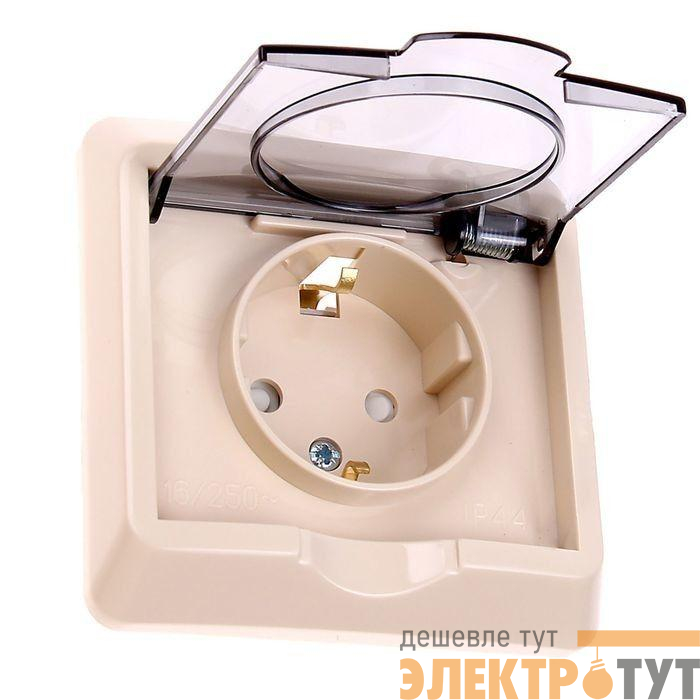 Розетка 1-м СП Этюд 16А IP44 250В с заземл. защ. шторки крем. SE PC16-044K