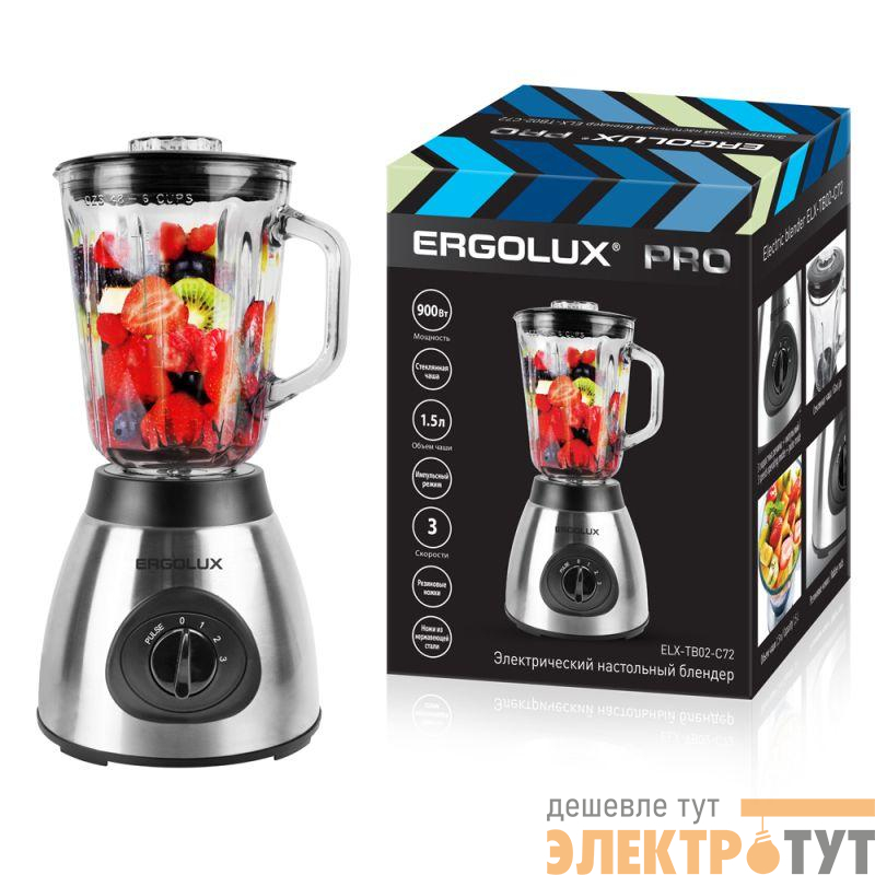 Блендер ELX-TB02-C72 PRO настольный 900Вт 220-240В стекл.чаша сереб./черн. Ergolux 15251