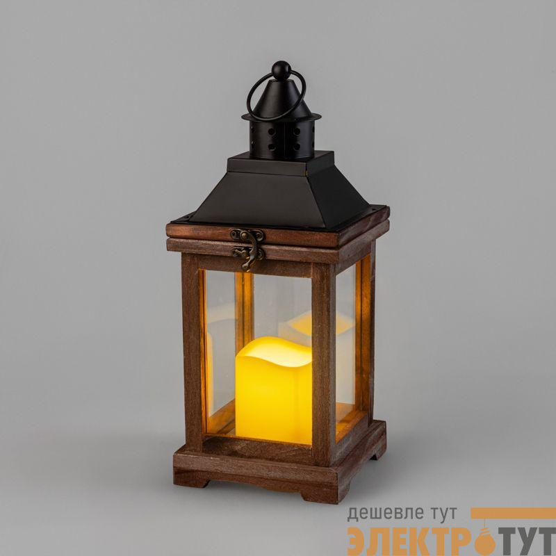 Фонарь декоративный со свечкой корпус из дерева размер 14х14х35cм тепл. бел. Neon-Night 513-075