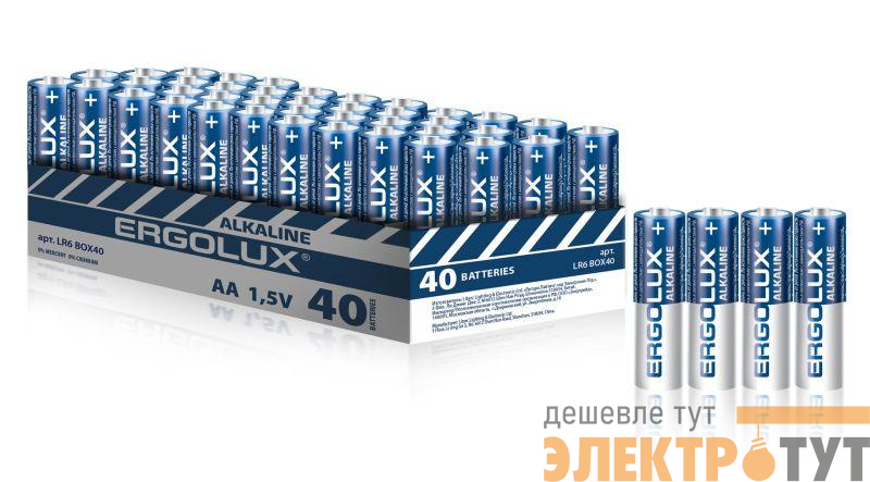 Элемент питания алкалиновый AA/LR6 1.5В Alkaline BOX40 ПРОМО (уп.40шт) Ergolux 14673