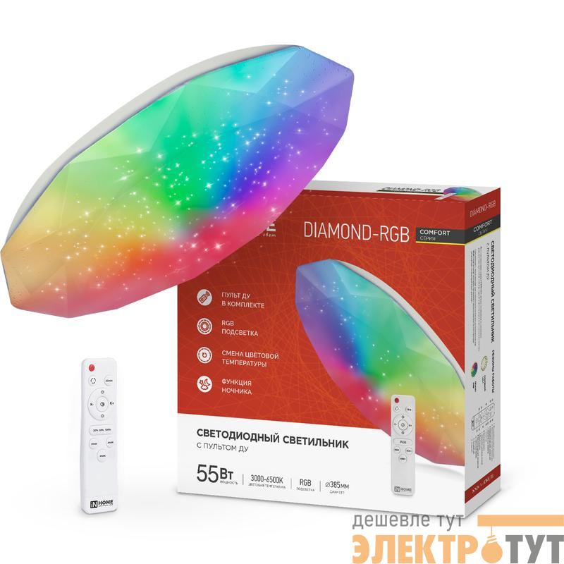 Светильник светодиодный COMFORT DIAMOND-RGB 55Вт 3000-6500К 4400лм 230В 385х75мм с пультом ДУ IN HOME 4690612044576