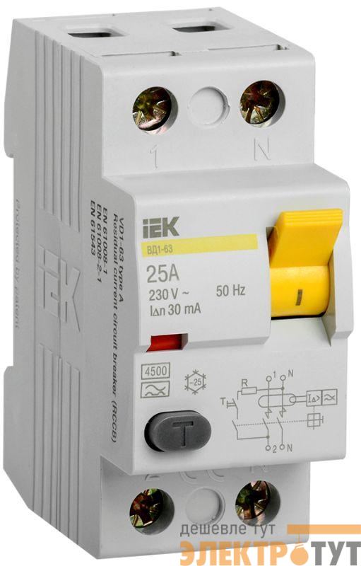 Выключатель дифференциального тока (УЗО) 2п 25А 30мА тип A ВД1-63 IEK MDV11-2-025-030