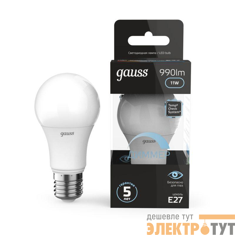 Лампа светодиодная Black 11Вт A60 грушевидная 4100К нейтр. бел. E27 990лм диммир. GAUSS 102502211-D