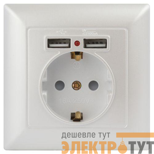 Розетка 1-м СП Solo 4-410-06 P+E Schuko 16А 250В + 2хUSB IP20 с заземл. защ. шторки перламутр Intro Б0053718