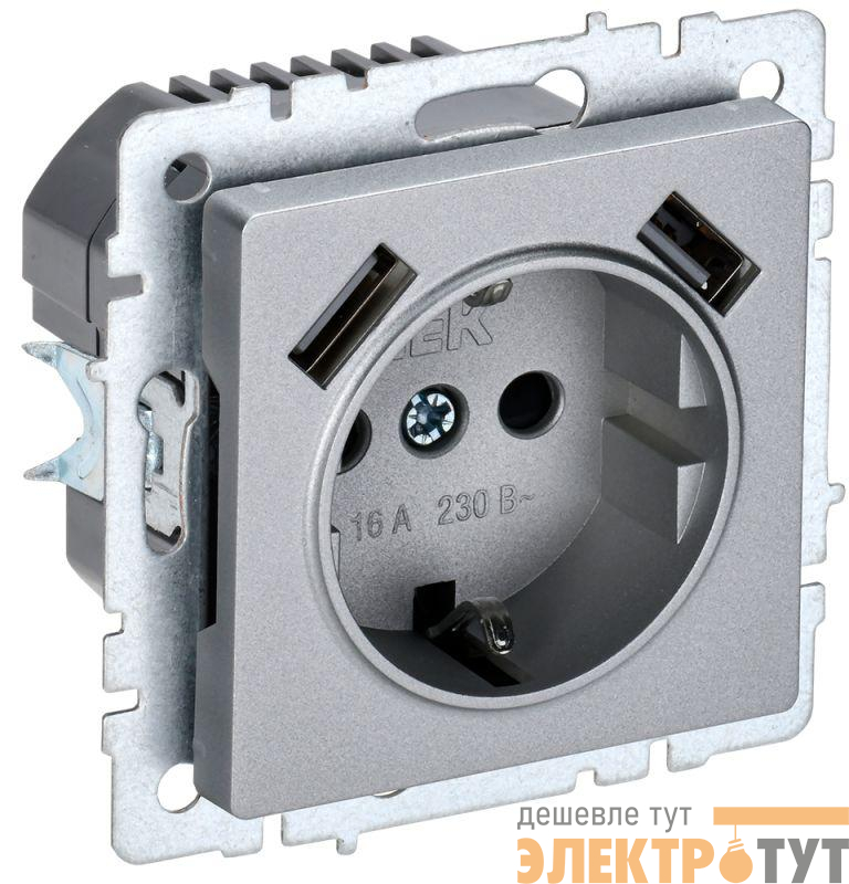 Розетка BRITE РЮш10-2-БрА 16А с USB A+A 3.1А с заземл. защ. шторки механизм алюм. IEK BR-R14-16-U21-D31-K47