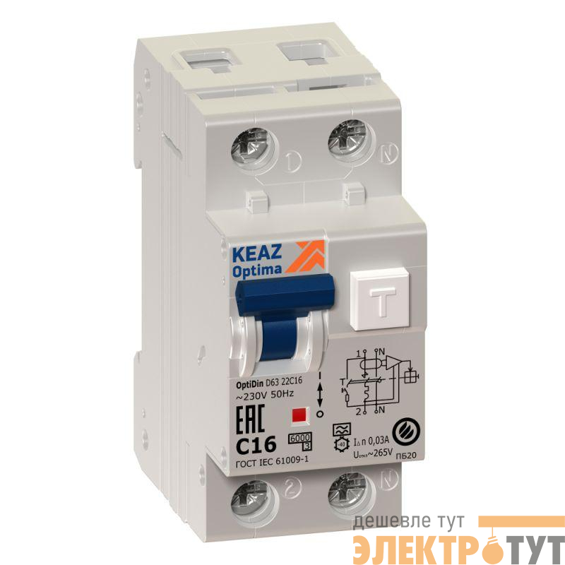 Выключатель автоматический дифференциального тока 2п (1P+N) C 10А 10мА тип A 6кА OptiDin D63 УХЛ4 2мод. КЭАЗ 103499